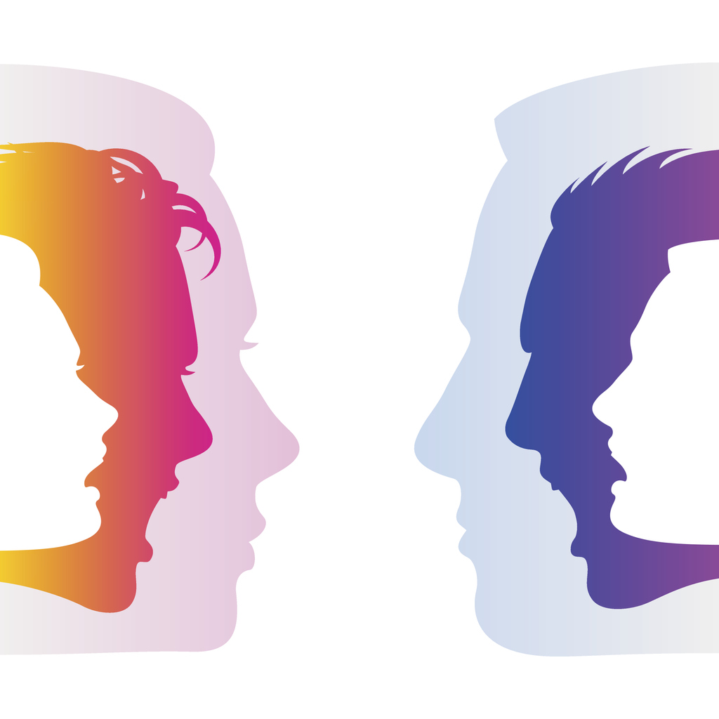 Silhouettes of different faces in different colors face off in disagreement.