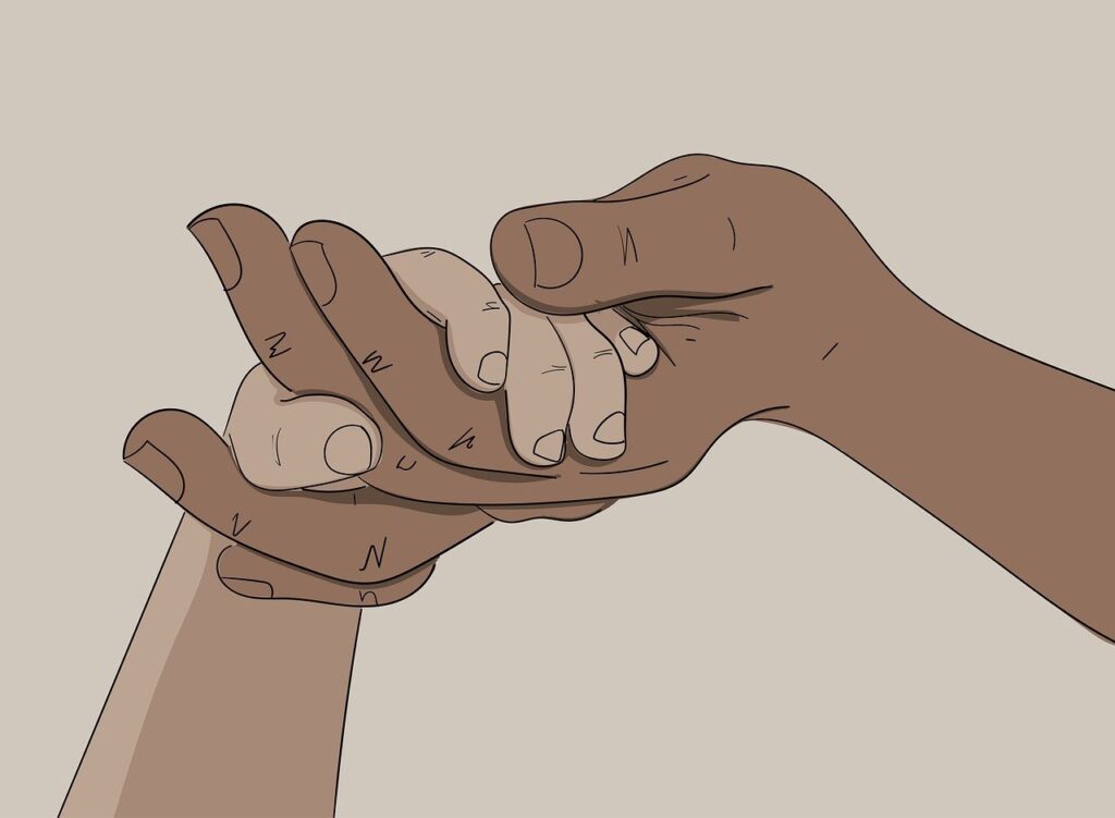 A drawing of two hands reaching out and grasping each other.