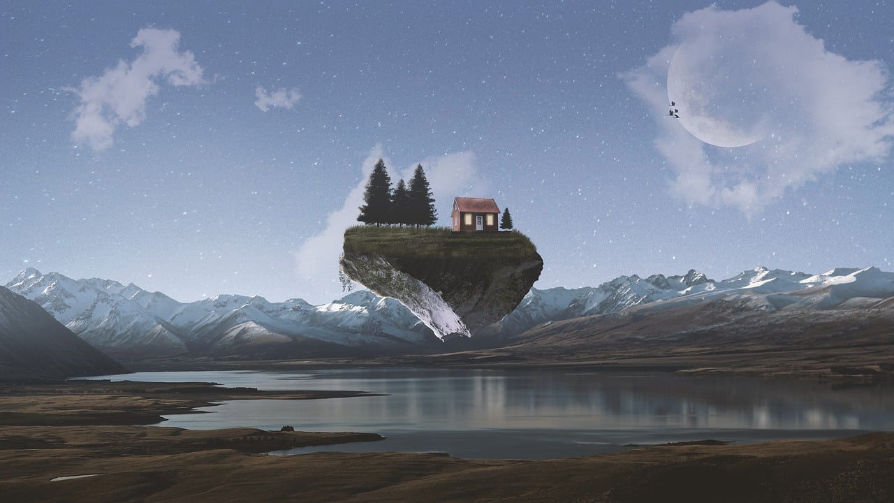 A house floats on a small piece of land floating above a river and mountains.