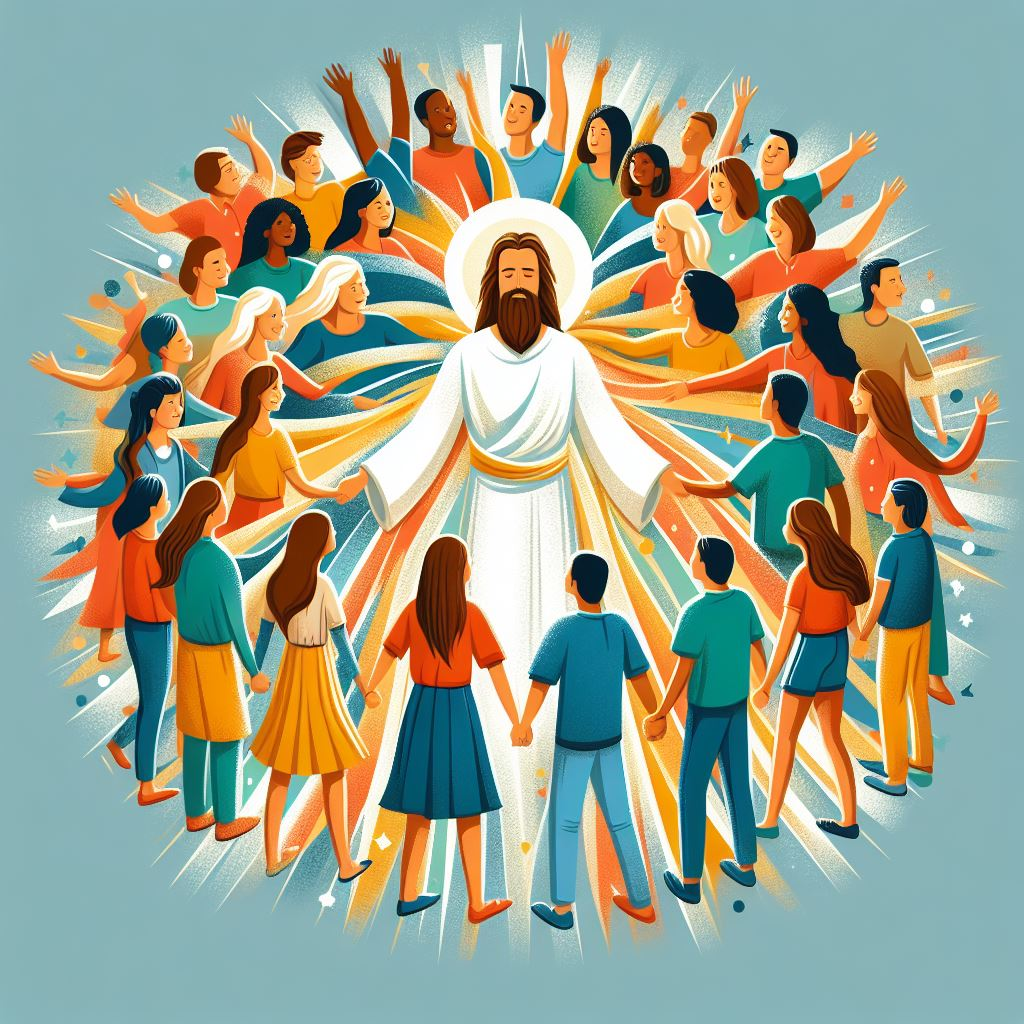 A drawing of Jesus standing in the middle of a colorful group of people all around Him in a circle, reaching into Him.