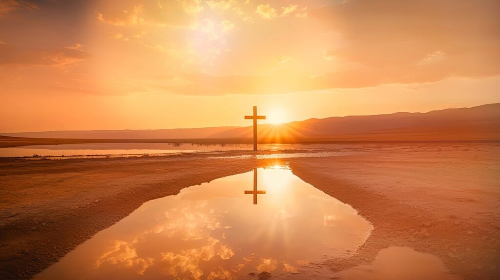 A golden sunrise illuminates a single cross on a bare island on a lake.