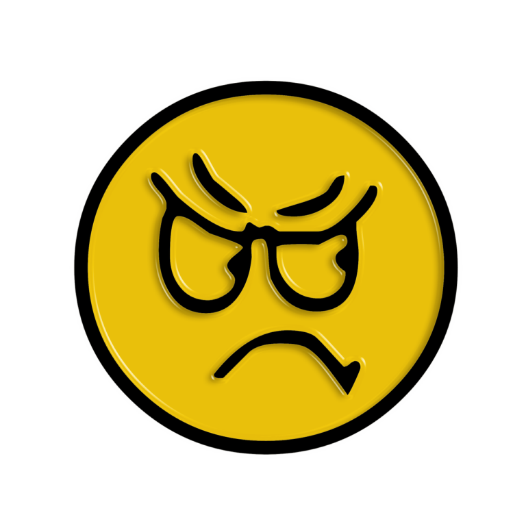 A yellow emoji face frowns and looks unhappy.
